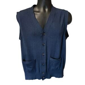 Jos A Bank Traveler Size L 100% Merino Wool Sweater Vest Button Front Navy Blue